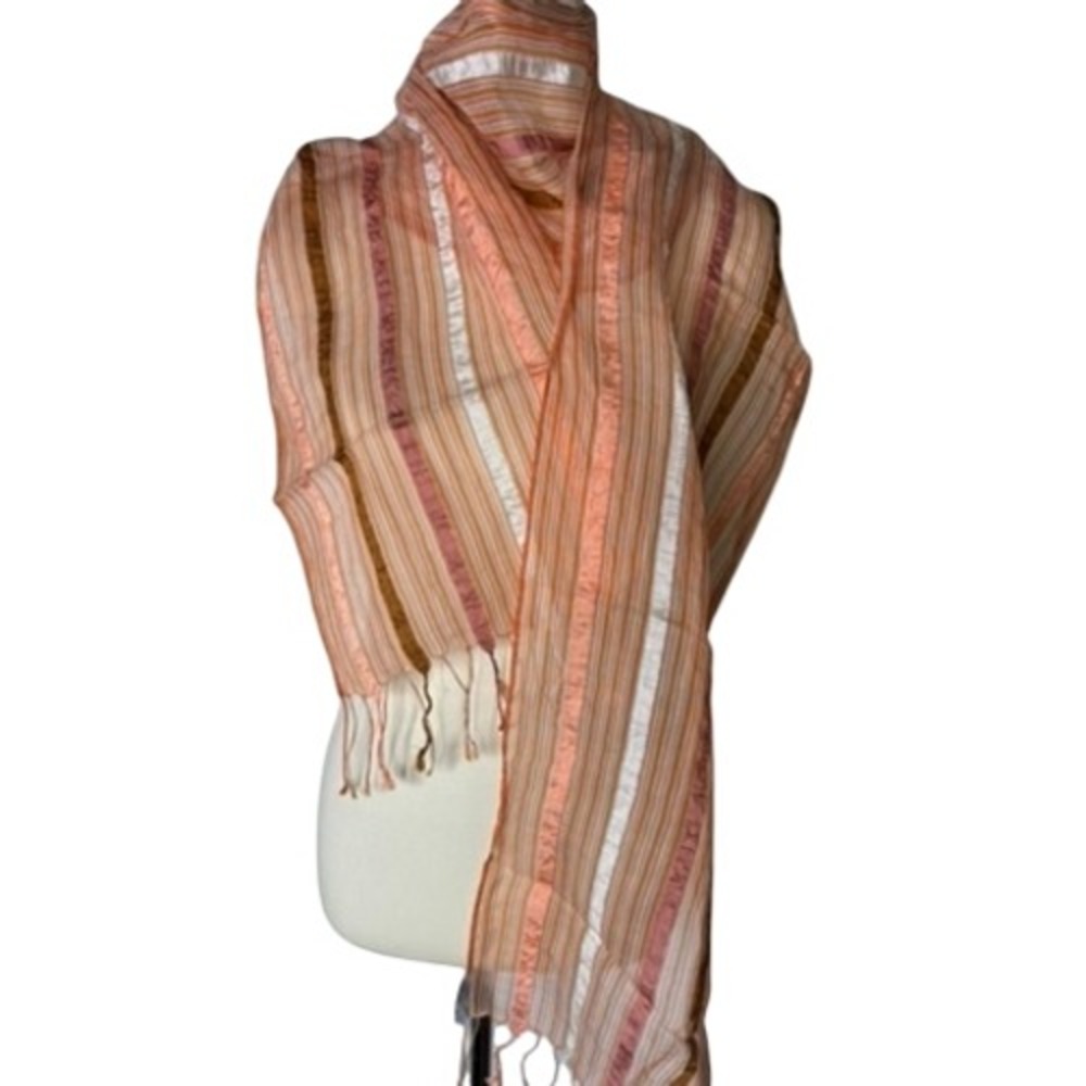Hand Loomed‎ Silk Scarf Orange Striped Ruffle Tassel Fringe Made in India 62x10